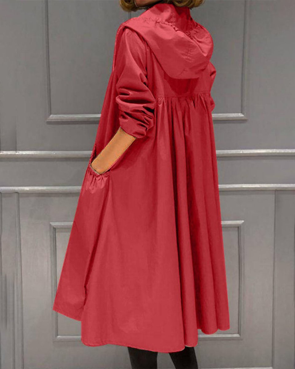 Women's Hooded Waterproof Long Trench Coat - Relaxed A-Line | Spring - Red