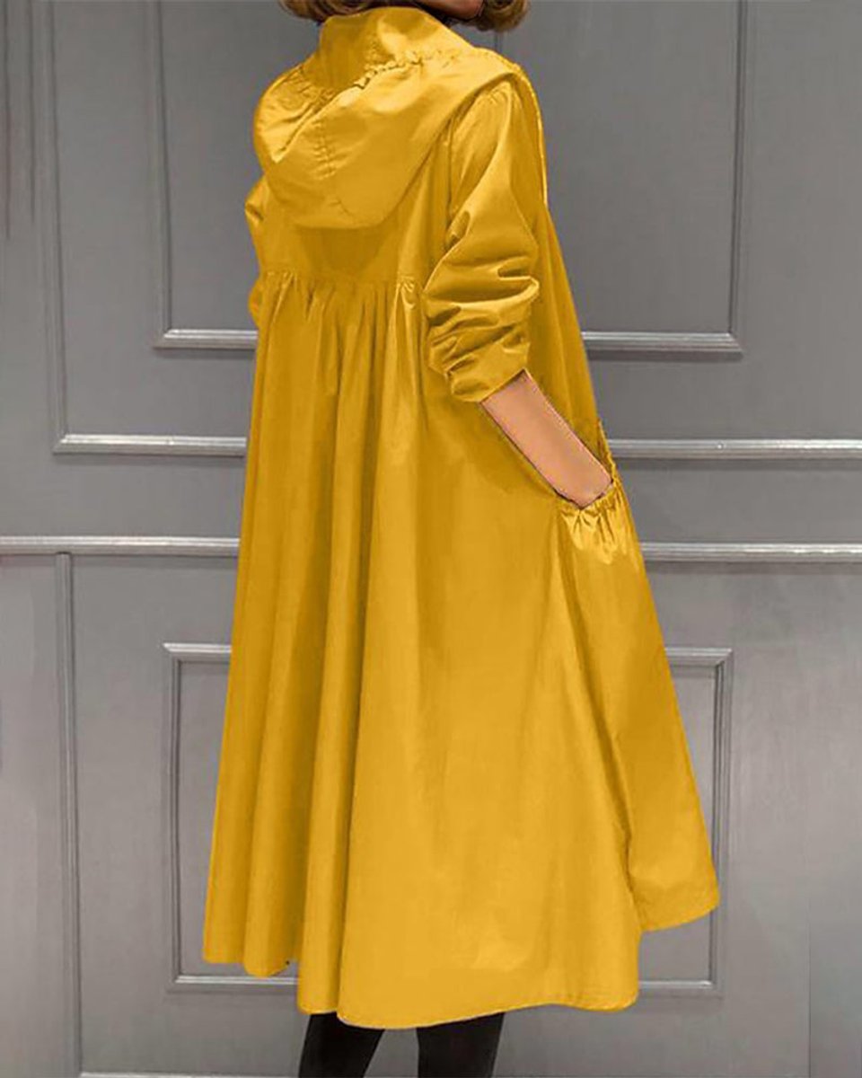 Women's Hooded Waterproof Long Trench Coat - Relaxed A-Line | Spring - Yellow