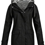 Women's Hooded Waterproof Rain Coat - Striped Lined Zip-Up | Spring - Black