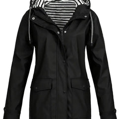 Women's Hooded Waterproof Rain Coat - Striped Lined Zip-Up | Spring - Black
