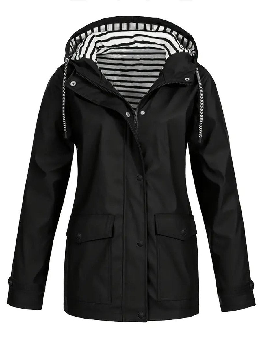 Women's Hooded Waterproof Rain Coat - Striped Lined Zip-Up | Spring - Black