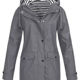 Women's Hooded Waterproof Rain Coat - Striped Lined Zip-Up | Spring - Grey