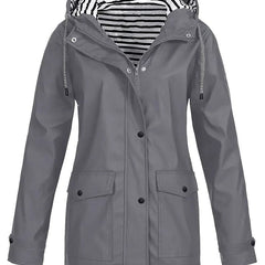 Women's Hooded Waterproof Rain Coat - Striped Lined Zip-Up | Spring - Grey