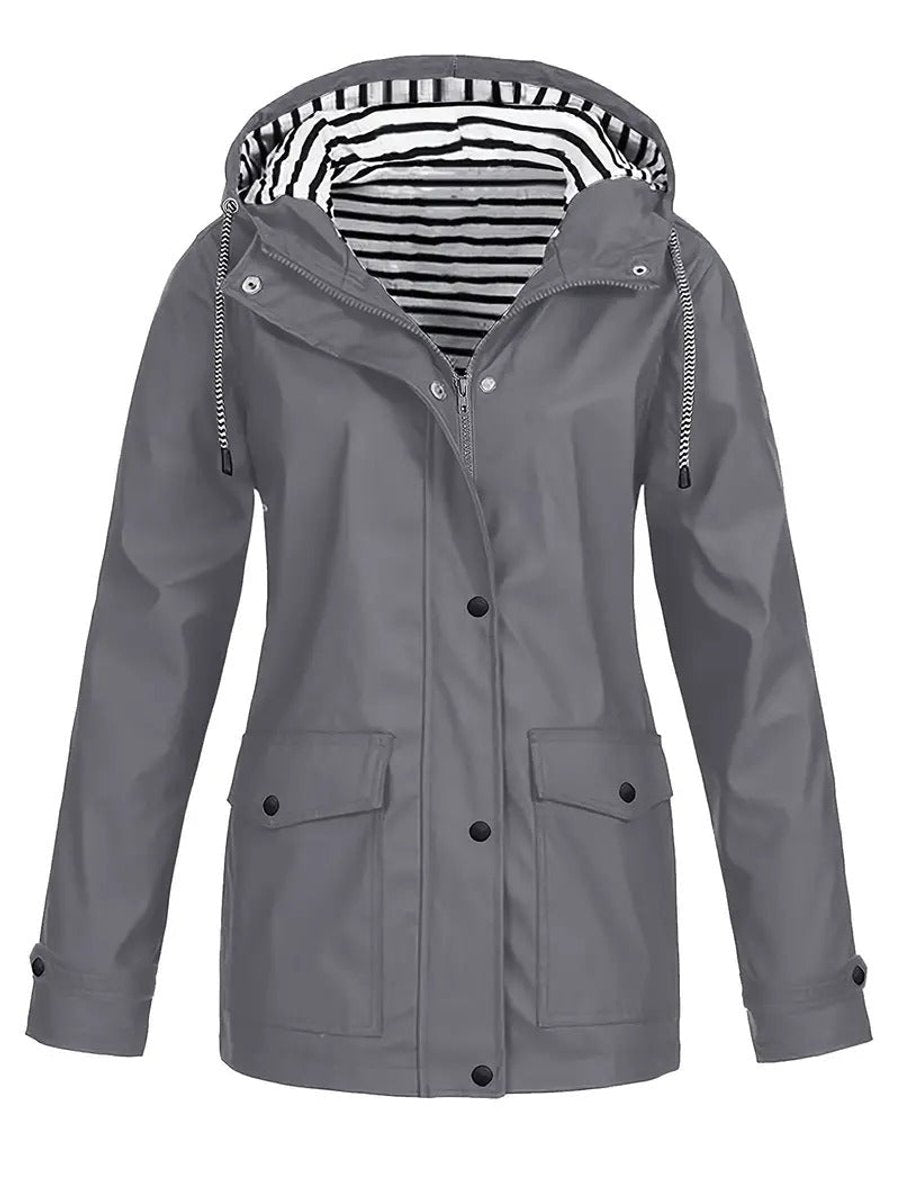 Women's Hooded Waterproof Rain Coat - Striped Lined Zip-Up | Spring - Grey