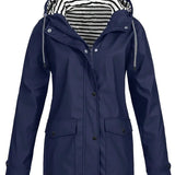 Women's Hooded Waterproof Rain Coat - Striped Lined Zip-Up | Spring - Navy