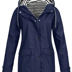 Women's Hooded Waterproof Rain Coat - Striped Lined Zip-Up | Spring - Navy