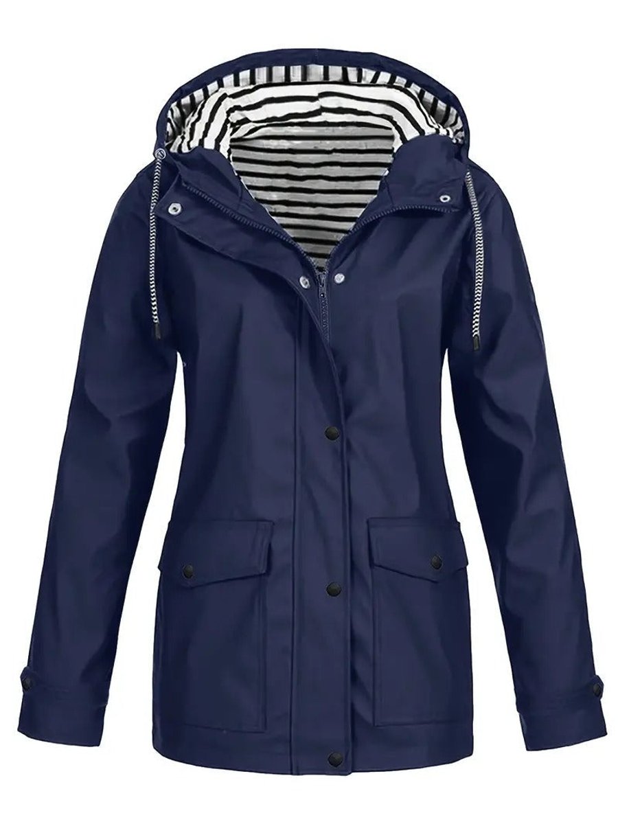 Women's Hooded Waterproof Rain Coat - Striped Lined Zip-Up | Spring - Navy