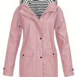 Women's Hooded Waterproof Rain Coat - Striped Lined Zip-Up | Spring - Pink