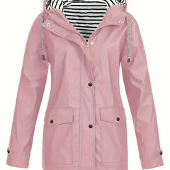 Women's Hooded Waterproof Rain Coat - Striped Lined Zip-Up | Spring - Pink