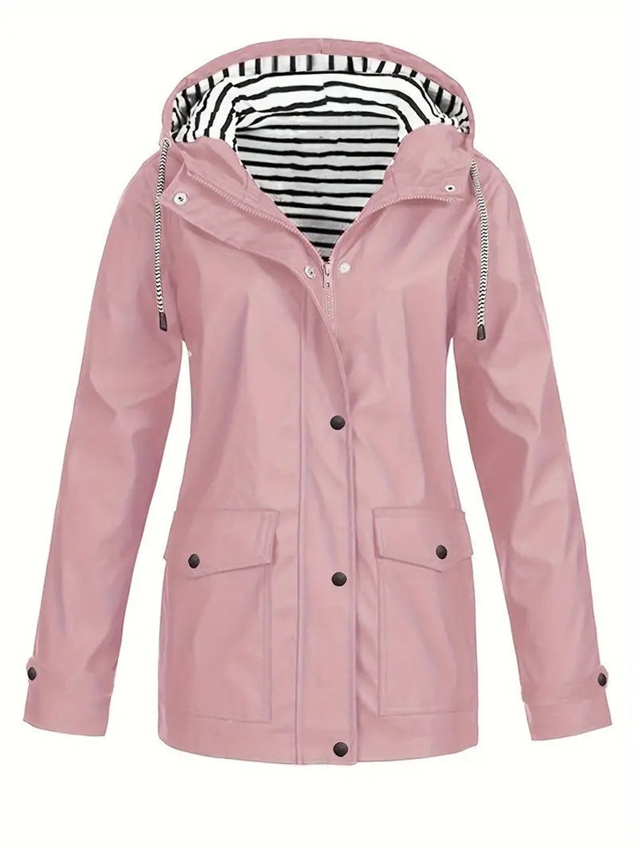Women's Hooded Waterproof Rain Coat - Striped Lined Zip-Up | Spring - Pink