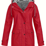 Women's Hooded Waterproof Rain Coat - Striped Lined Zip-Up | Spring - Red