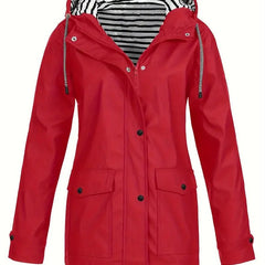 Women's Hooded Waterproof Rain Coat - Striped Lined Zip-Up | Spring - Red