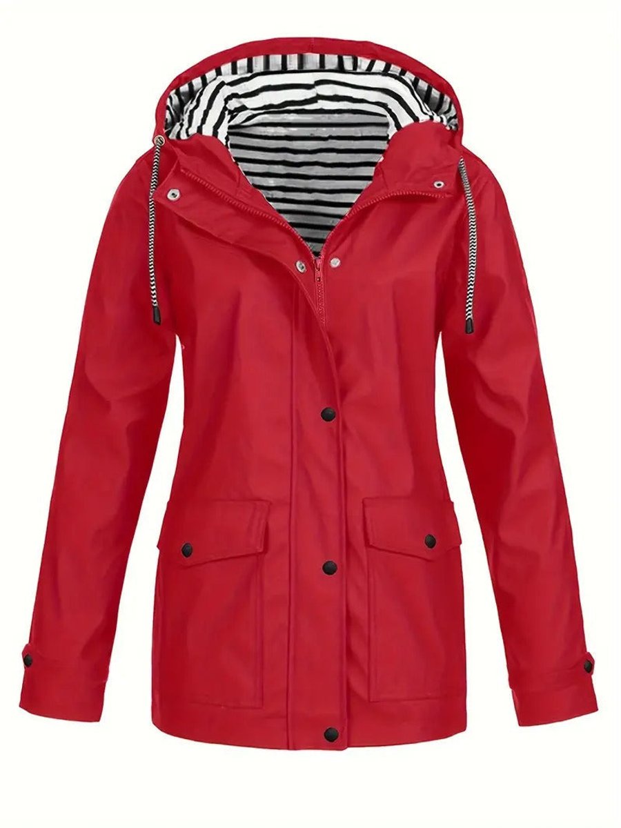 Women's Hooded Waterproof Rain Coat - Striped Lined Zip-Up | Spring - Red