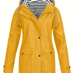 Women's Hooded Waterproof Rain Coat - Striped Lined Zip-Up | Spring - Yellow