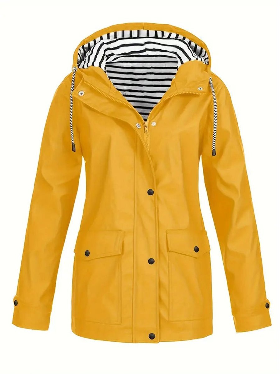 Women's Hooded Waterproof Rain Coat - Striped Lined Zip-Up | Spring - Yellow