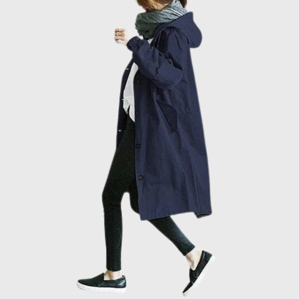 Women's Hooded Waterproof Trench Coat - Relaxed Knee-Length | Autumn - Blue
