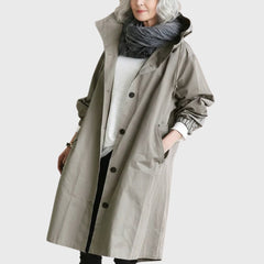 Women's Hooded Waterproof Trench Coat - Relaxed Knee-Length | Autumn - Grey