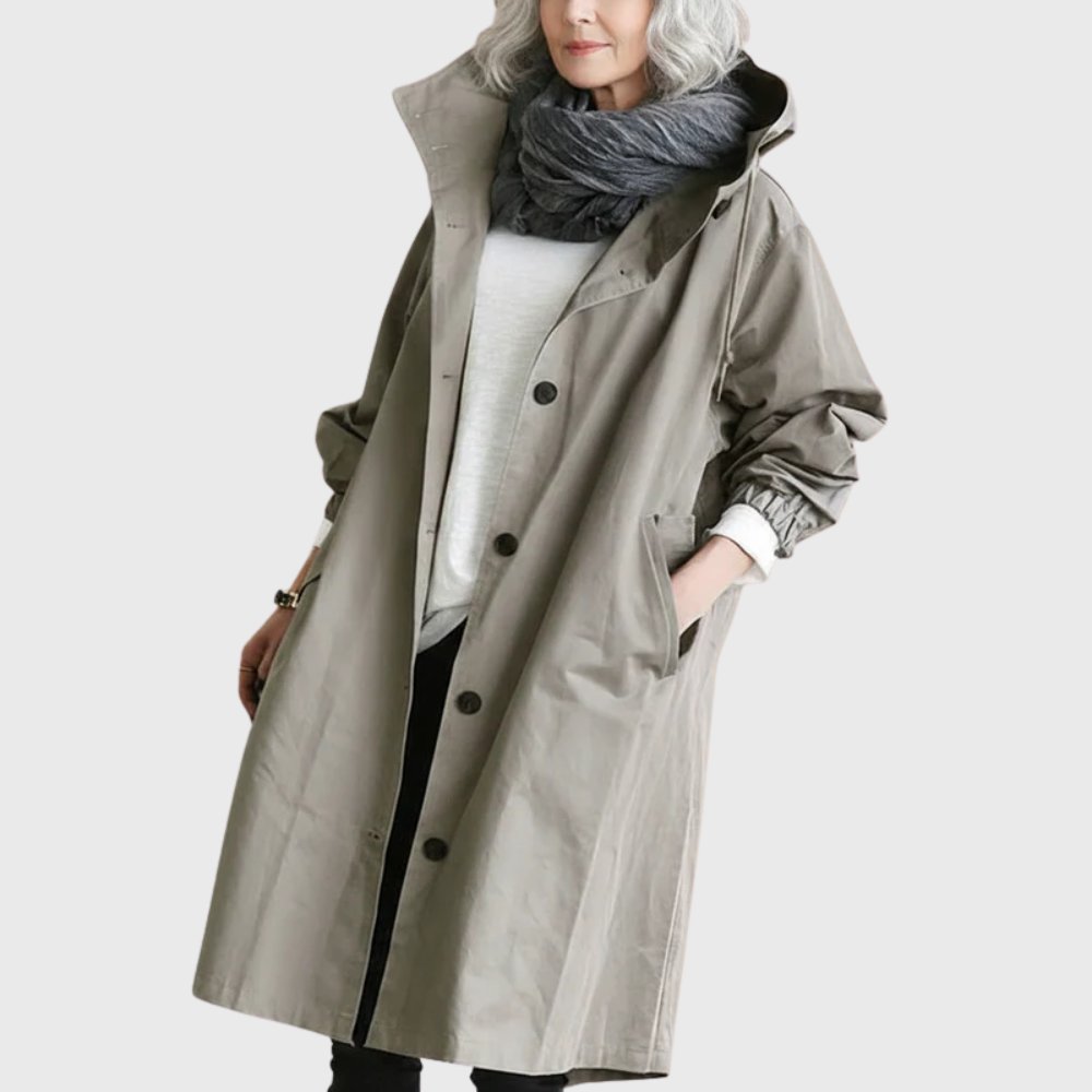 Women's Hooded Waterproof Trench Coat - Relaxed Knee-Length | Autumn - Grey