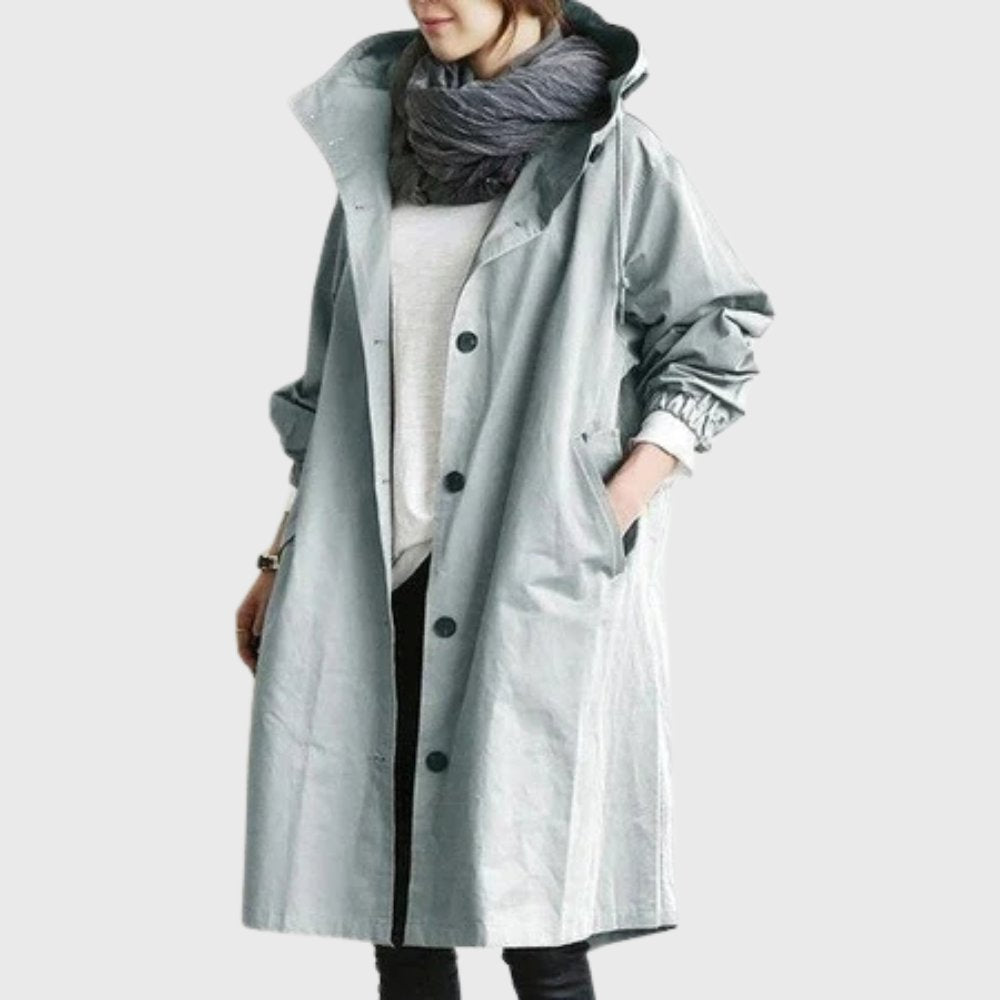 Women's Hooded Waterproof Trench Coat - Relaxed Knee-Length | Autumn - Light Blue