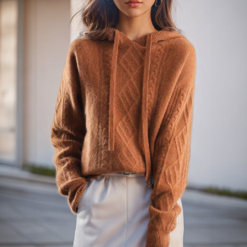 Women's Hoodie | Vintage Knit | Textured Pattern | Winter - Caramel