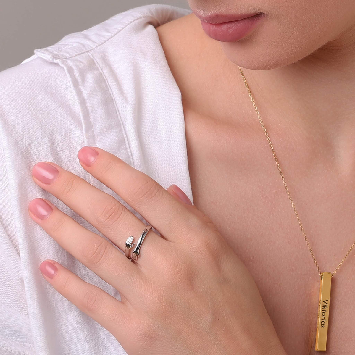 Women's Hug Ring with Hand Design - Gold & Silver
