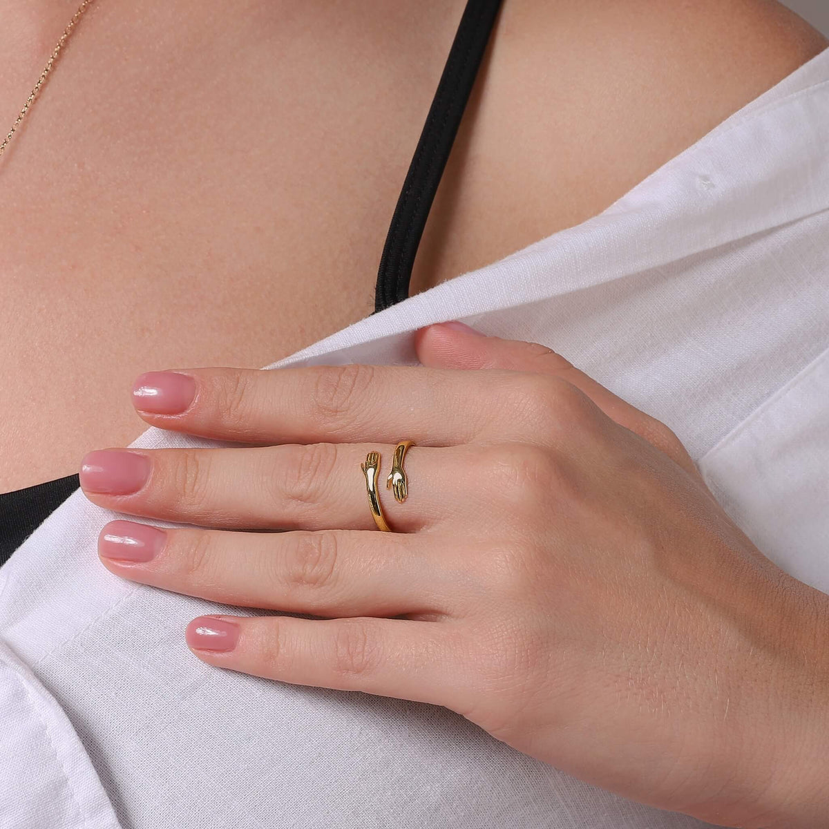 Women's Hug Ring with Hand Design - Gold & Silver