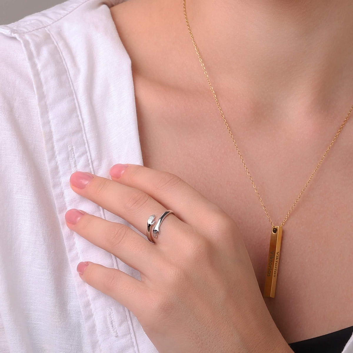 Women's Hug Ring with Hand Design - Gold & Silver