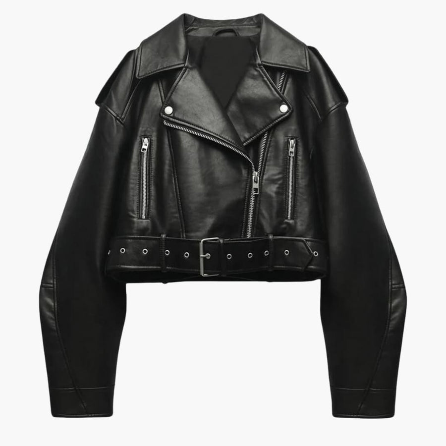 Women's Jacket | Tailored Moto | Adjustable Belt | Fall - Black