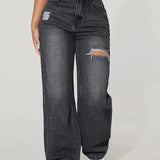 Women's Jeans | High Waist Ripped | Straight Leg | Summer - Black
