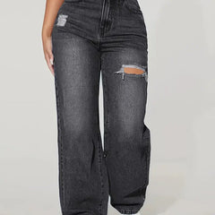 Women's Jeans | High Waist Ripped | Straight Leg | Summer - Black