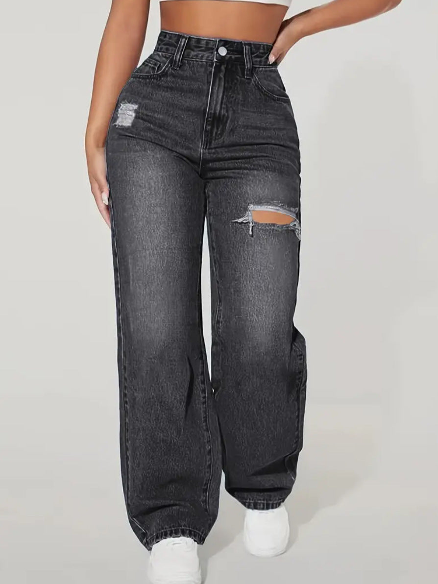 Women's Jeans | High Waist Ripped | Straight Leg | Summer - Black