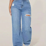 Women's Jeans | High Waist Ripped | Straight Leg | Summer - Blue