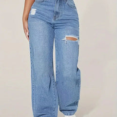 Women's Jeans | High Waist Ripped | Straight Leg | Summer - Blue