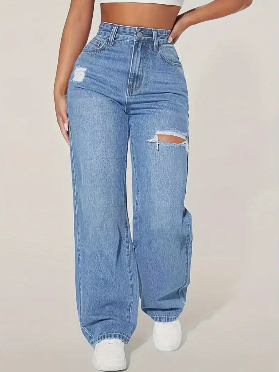 Women's Jeans | High Waist Ripped | Straight Leg | Summer - Blue