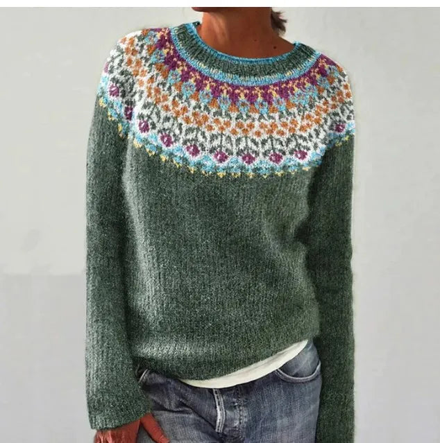Women's Jumper | Contrast Pattern | Winter - Gray/Flowers