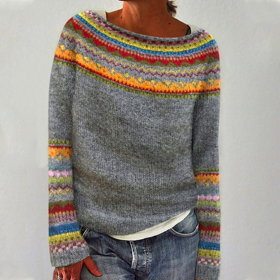 Women's Jumper | Contrast Pattern | Winter - Gray/Rainbow