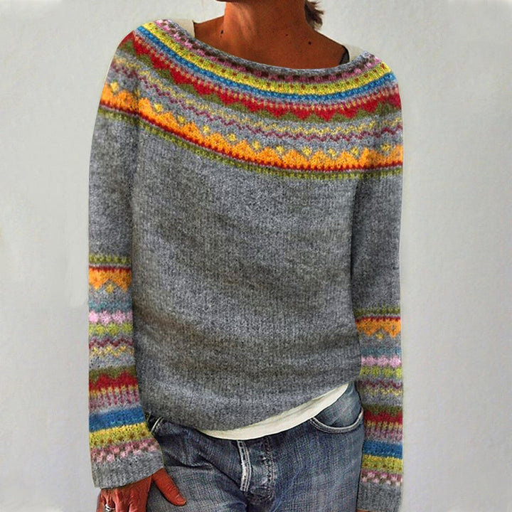 Women's Jumper | Contrast Pattern | Winter - Gray/Rainbow