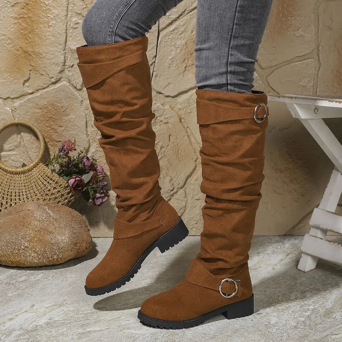 Women's Knee High Boots - Slouchy Block Heel | Autumn - Beige
