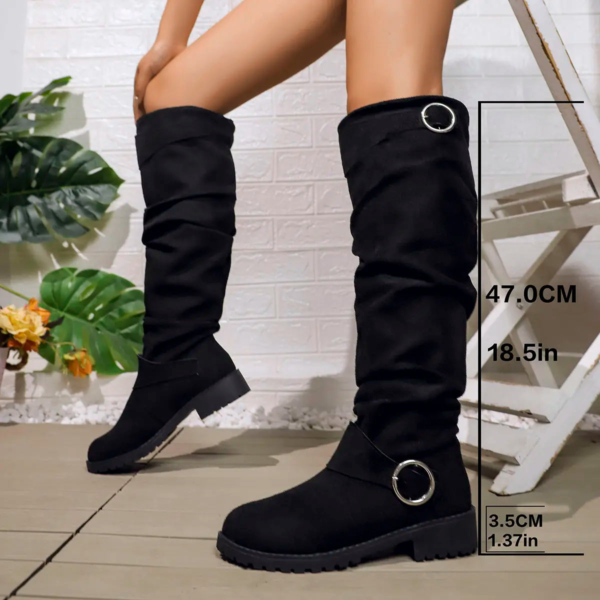 Women's Knee High Boots - Slouchy Block Heel | Autumn - Black