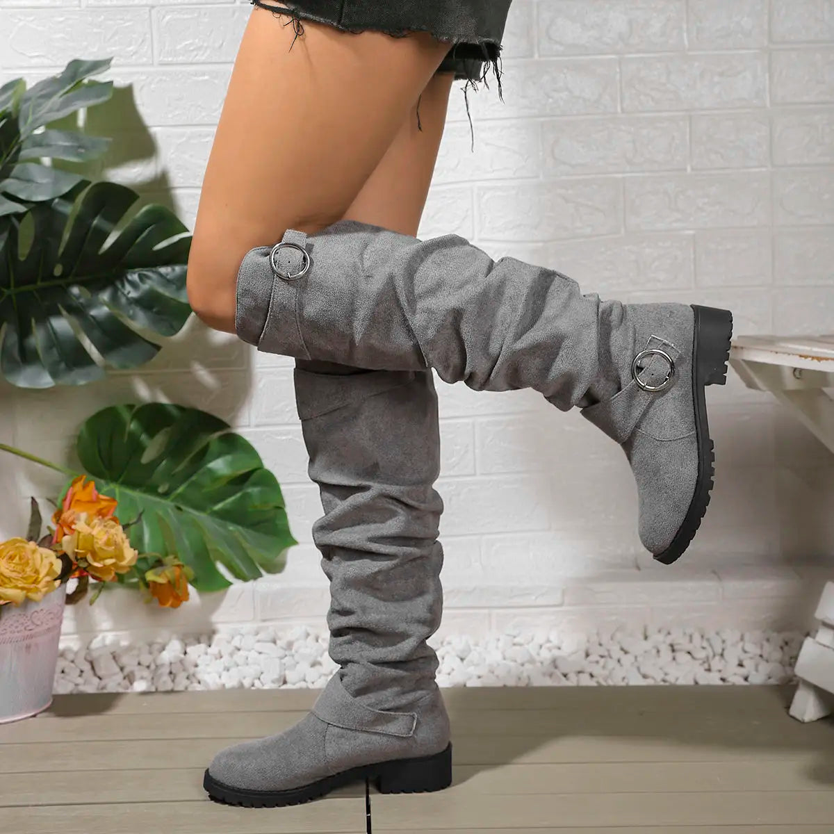 Women's Knee High Boots - Slouchy Block Heel | Autumn - Grey