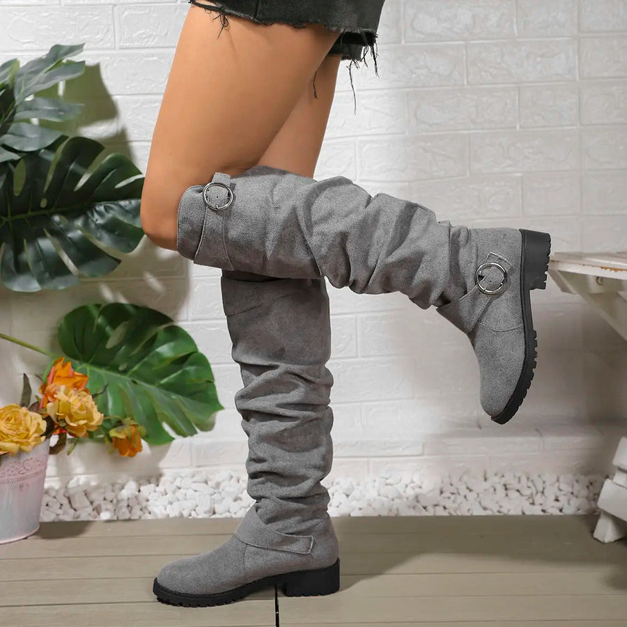 Women's Knee High Boots - Slouchy Block Heel | Autumn - Grey