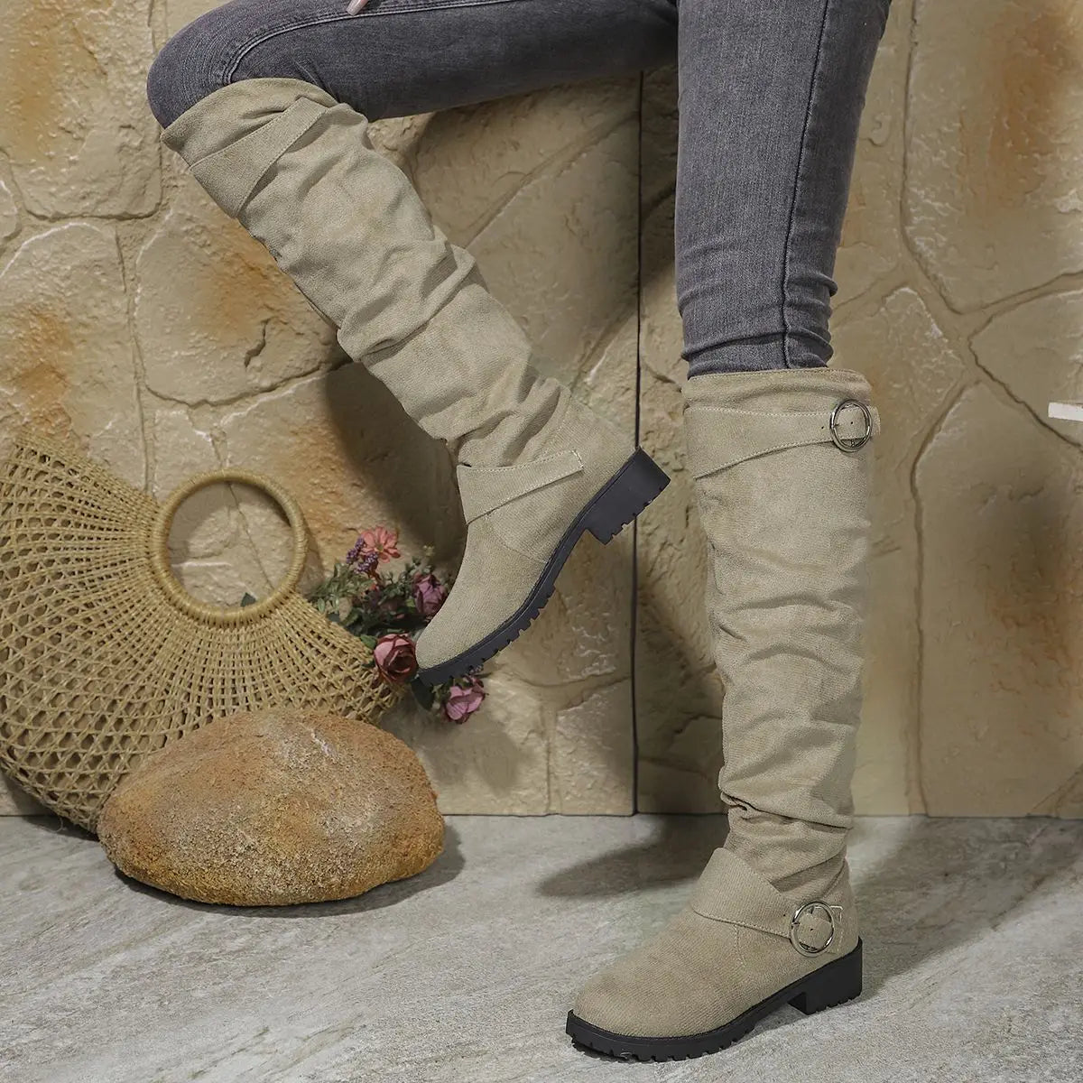 Women's Knee High Boots - Slouchy Block Heel | Autumn - Khaki