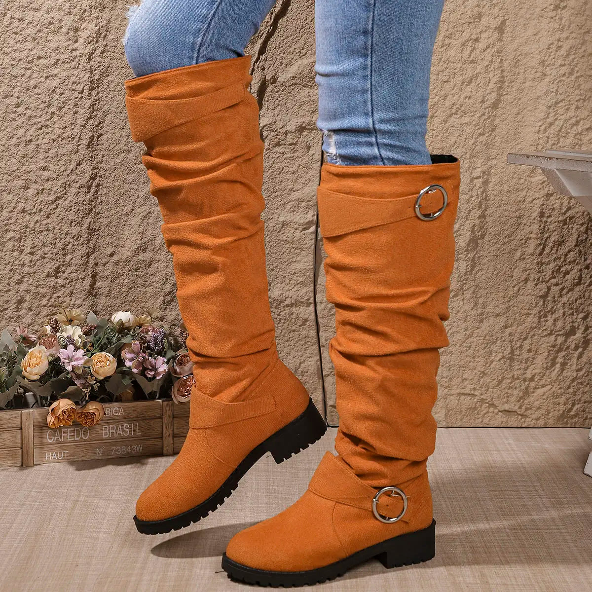Women's Knee High Boots - Slouchy Block Heel | Autumn - Orange