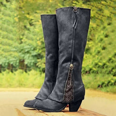 Women's Knee-High Boots with Lace Detail - Black | Autumn - Black