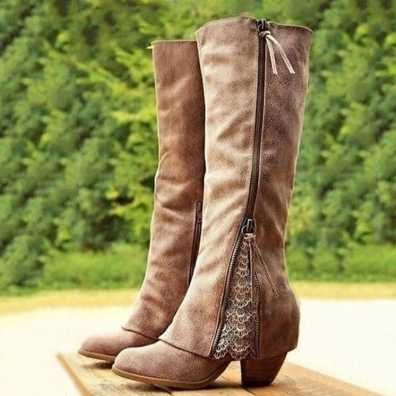 Women's Knee-High Boots with Lace Detail - Black | Autumn - Brown