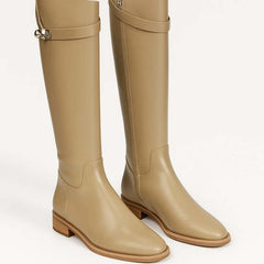 Women's Knee-High Leather Riding Boots - Buckle Detail | Autumn - Beige