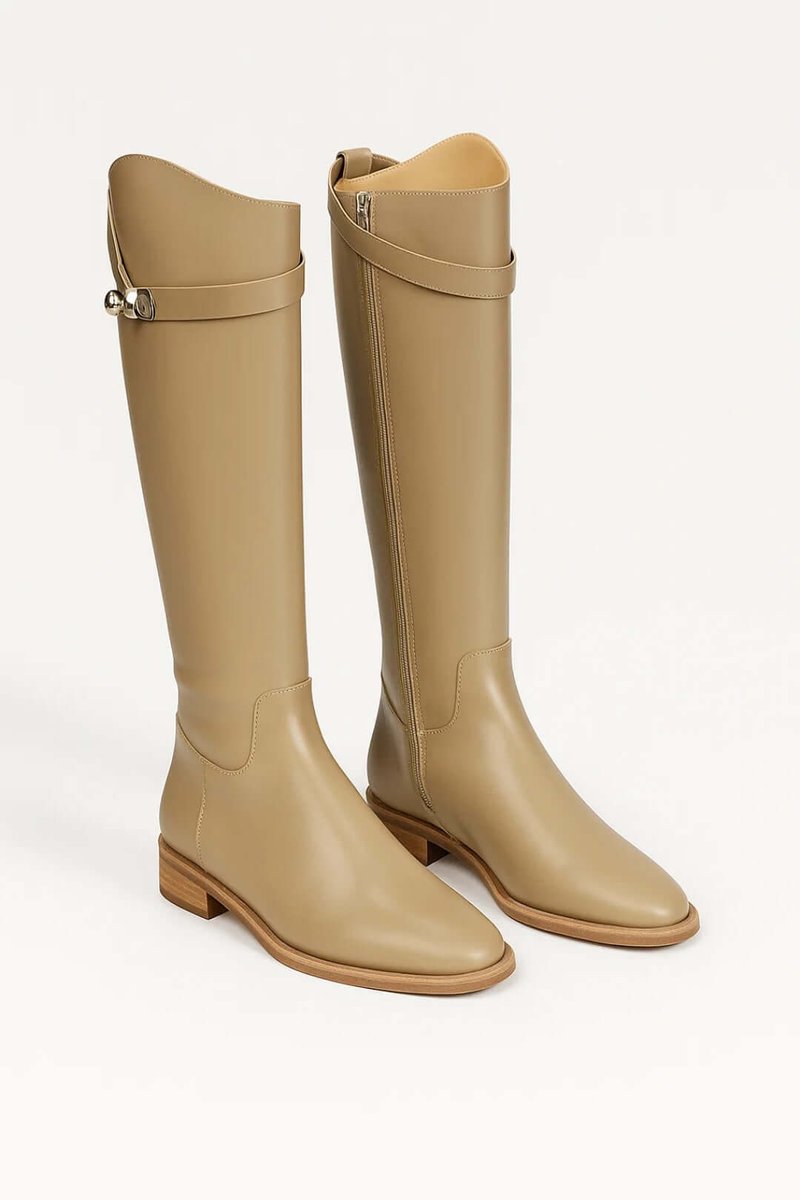 Women's Knee-High Leather Riding Boots - Buckle Detail | Autumn - Beige