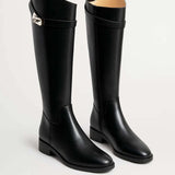 Women's Knee-High Leather Riding Boots - Buckle Detail | Autumn - Black