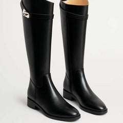 Women's Knee-High Leather Riding Boots - Buckle Detail | Autumn - Black