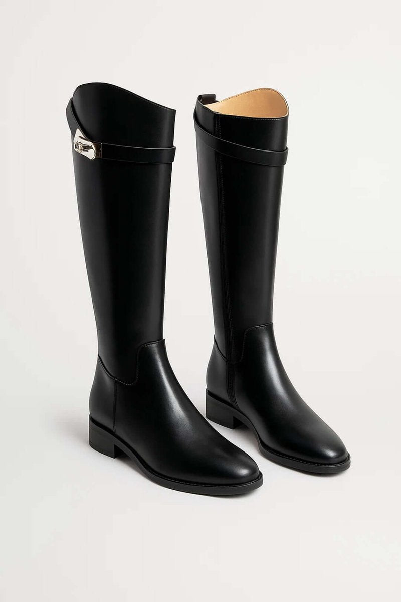 Women's Knee-High Leather Riding Boots - Buckle Detail | Autumn - Black